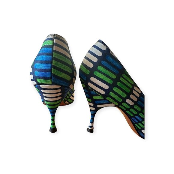 Vintage Herbert Levine Pumps |1960s Mod| Blue Green Geometric, Bow | Size 5.5A - Picture 9 of 14